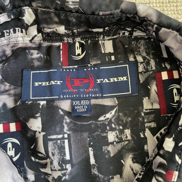 Vintage PHAT FARM Men's Kimora Lee Simmons Allover Print Shirt Black Size 2XL - Picture 11 of 15